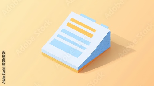 Isometric illustration of a tilted notepad with light blue text and orange tabs on a pale orange background