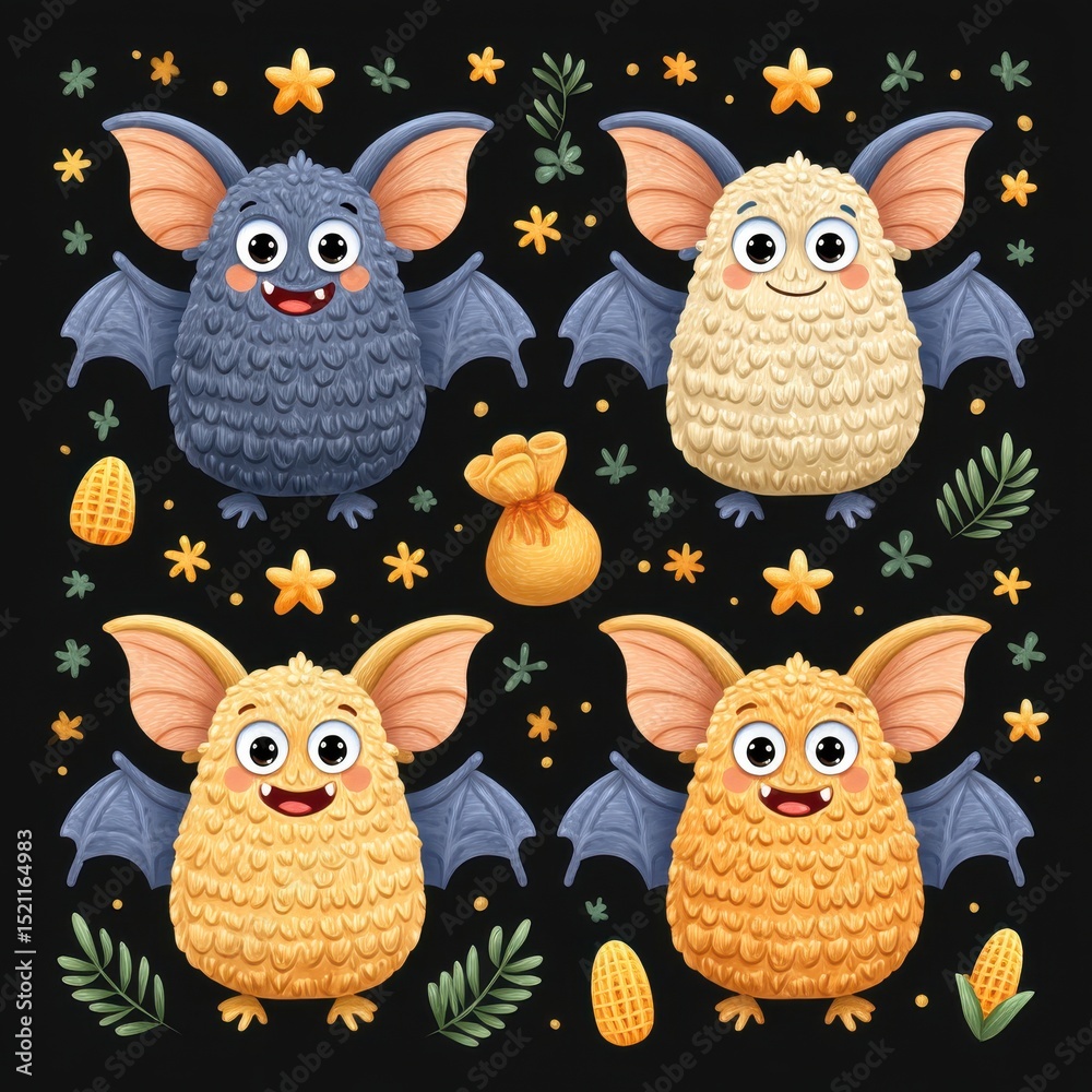 Fototapeta premium Cute Fluffy Cartoon Bats Illustration Set