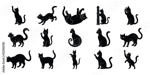 Collection of Black Cat Silhouettes Diverse Poses and Playful Expressions