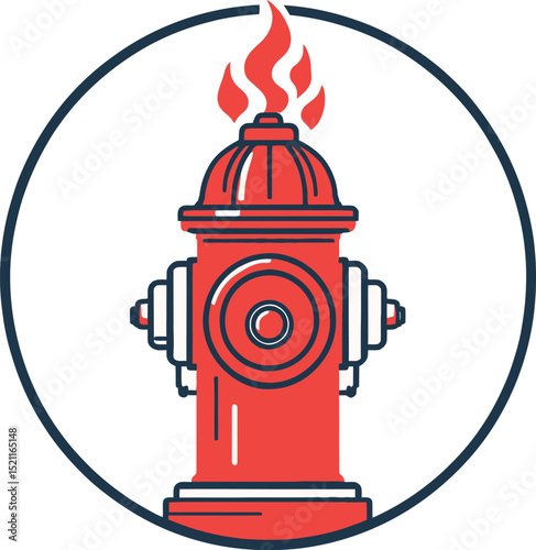 Illustrated Red Fire Hydrant with Flames on Top, Enclosed in a Circle, Symbolizing Fire Safety or Emergency Services