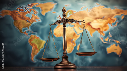 A balance scale in front of a world map, symbolizing justice and law.