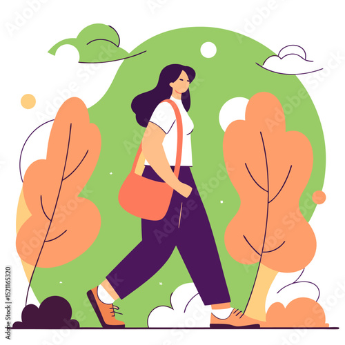 Woman with Bag Walking Through an Autumn Park Illustration