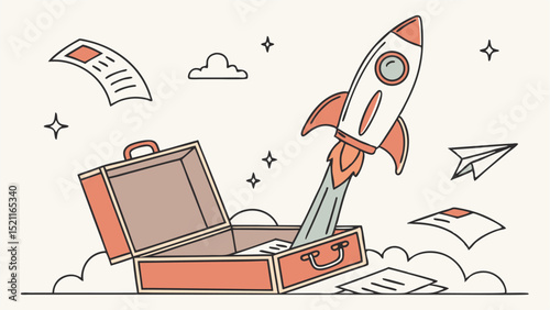 Rocket launching from an open briefcase with scattered papers and a paper plane in a stylized design