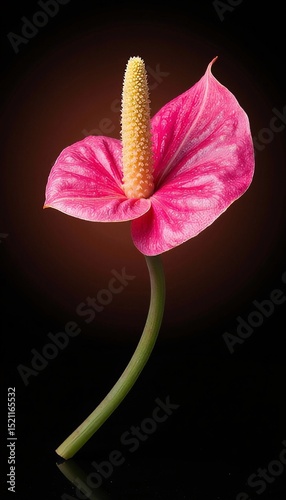Single pink anthurium flower with yellow spadix on black background
