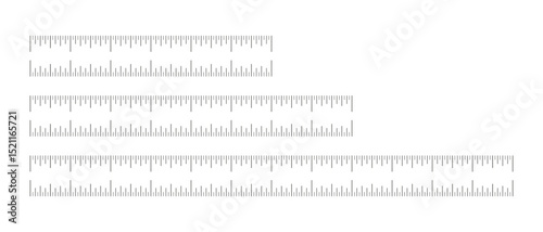 Measuring chart with 6, 8, 12 inches. Ruler scales set. Black sewing tool thin mockup. Length measurement math, distance, height ruler simple pattern.