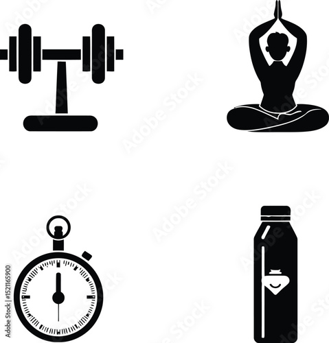Set of Fitness and Wellness Silhouettes: Dumbbells, Yoga Pose, Stopwatch, and Protein Shake Bottle