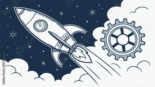 Illustration of a rocket launching through clouds with stars and a gear in the background design art