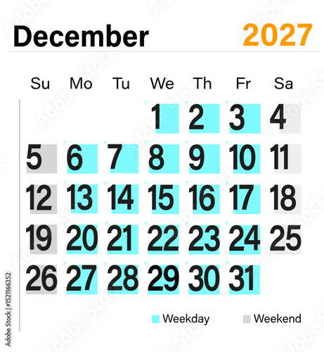 Minimal vector calendar for December 2027 with color-coded weekdays and weekends, ready for print and digital planning