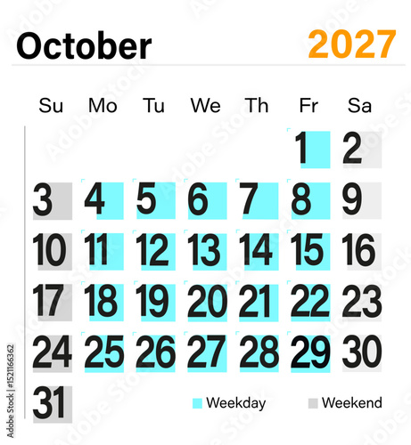 Minimal vector calendar for October 2027 with color-coded weekdays and weekends, ready for print and digital planning