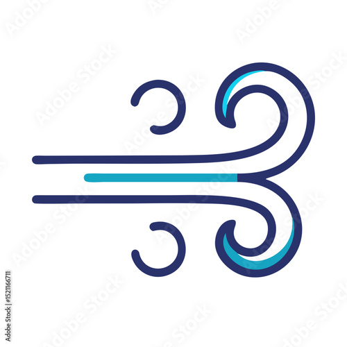 Wind icon with blue curved lines in stylized flat style