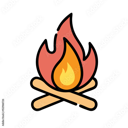 Cartoon bonfire icon with yellow and red flames