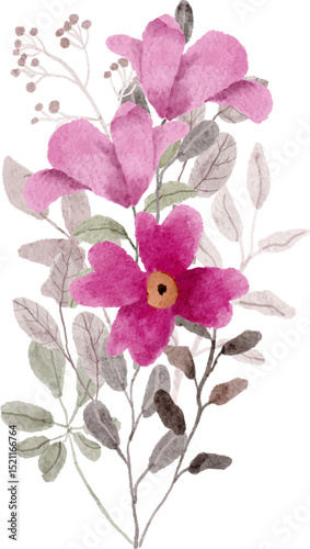 leaves and pink floral watercolor bouquet