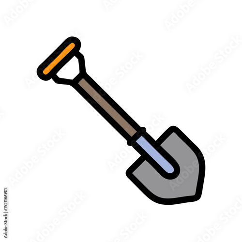 Diagonal cartoon shovel icon with black spade and yellow grip