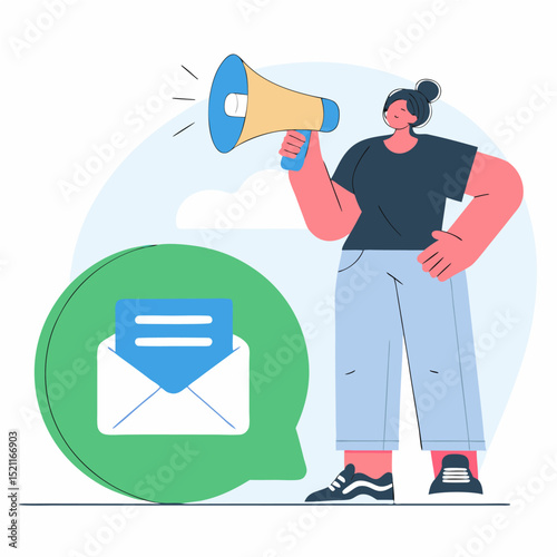 Woman Announcing New Mail Message with Megaphone Illustration