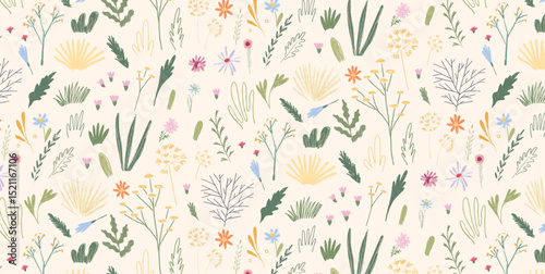 Seamless botanical doodle pattern with wild meadow herbs, grass and flowers. Pastel colored hand drawn plants and floral sketches on light background. Vector repeat ornament.