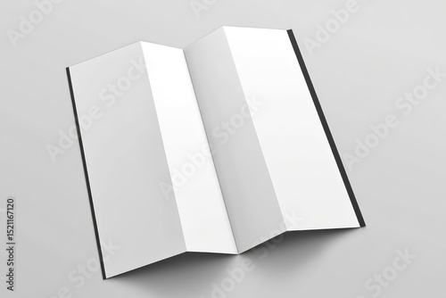 A clean, unfolded, white tri-fold brochure mockup with black edges, shown against a light gray background