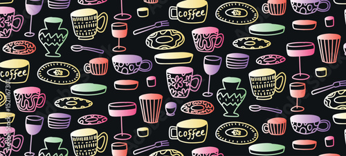Gradient Seamless Pattern with Coffee Cups Plates Wine Glasses Vases Cutlery. Neon Doodle Tableware Set on Black Background. Hand Drawn Crayon Style Vector Illustration.