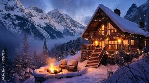 Winter retreat at a cozy mountain lodge, snowy peaks, warm lights, and fire pit for a perfect escape. Private retreats
