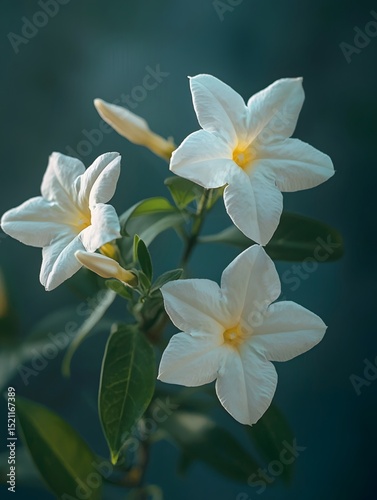 A night-blooming jasmine in the courtyard, with soft petals and a gentle background