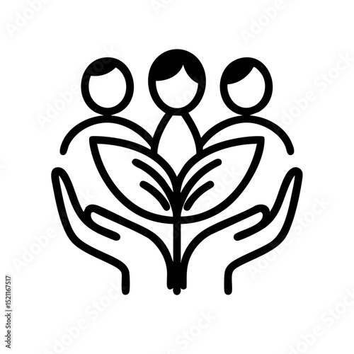 Three people protecting plant with hands in simple black and white line style representing community support and environmental care with copy space