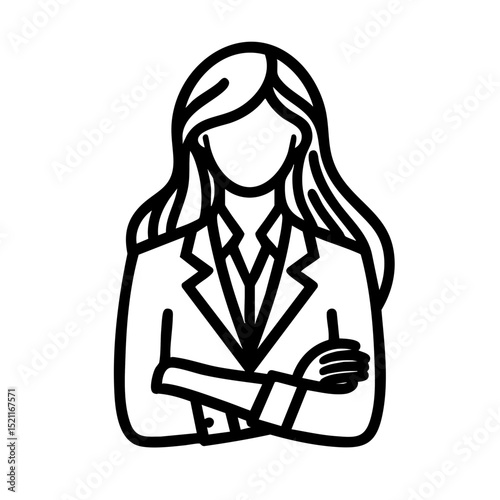 Businesswoman with crossed arms in in minimalist black and white lne style representing profissionalism and authority