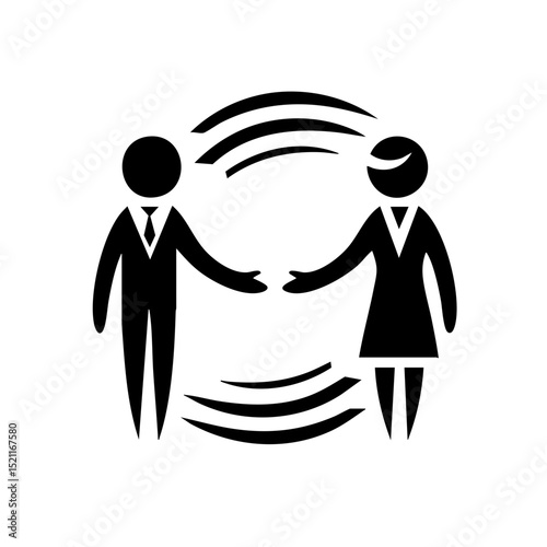 Man and woman collaborating in black and white pictogram style representing teamwork and connection with copy space