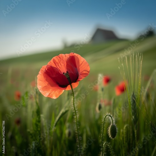 Vibrant Poppy in Field: A single, radiant poppy flower stands tall in a sun-kissed field of green, its petals catching the light against a soft-focus background.