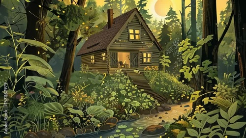 Vibrant forest cabin scene with fireflies, stream, and sunset glow, cozy and secluded. Private retreats