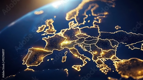 An illuminated digital visualization of the european continent and surrounding areas