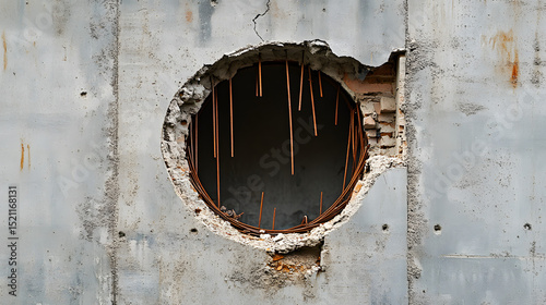 A building aperture with construction debris and rebar against a gray backdrop photo