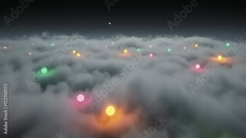 Colorful glowing orbs floating above a cloudy landscape at twilight, creating a magical atmosphere