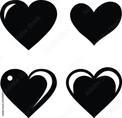 Set of Solid Black Heart Icons with Various Stylizations, Including Glossy and Abstract Designs