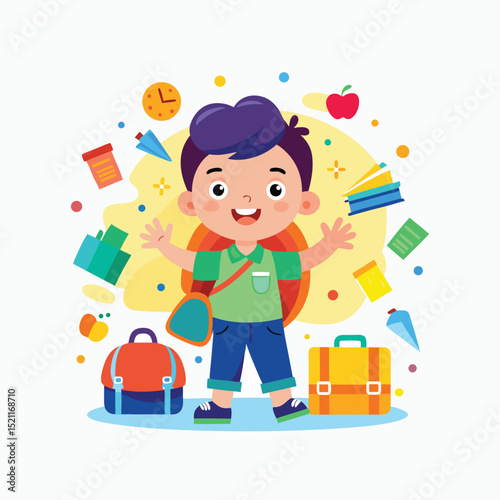 vector icon cheerful kid's cartoon with school supplies and colorful books on white background in Adobe Illustrator Artwork
