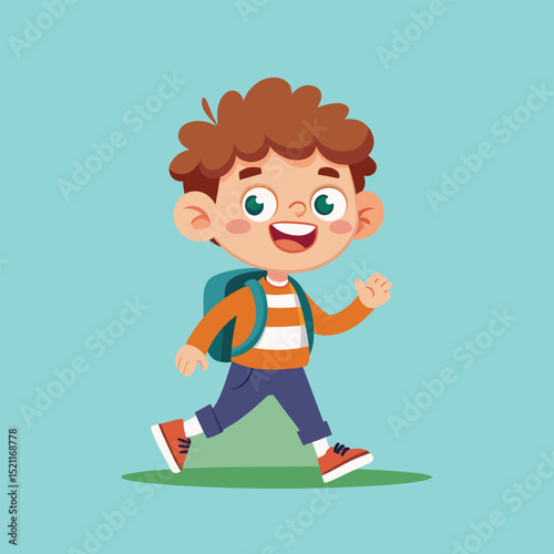 Vector icon cheerful cartoon student walking with backpack in Adobe Illustrator Artwork