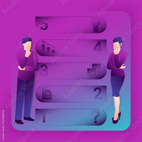 5 main steps for identifying problems and opportunities in the decision-making process. Glass morphism. Vector illustration.