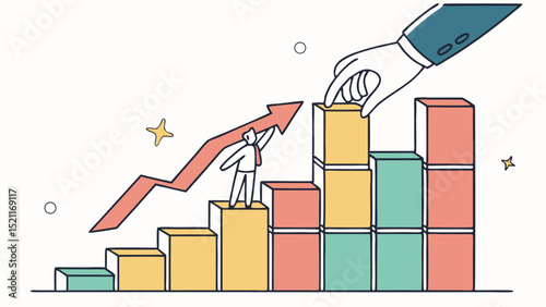 A cartoon depiction of a man standing on a bar graph with an arrow and a hand placing a block on top