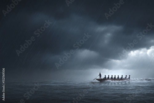 Dramatic Rowing Team Struggles Against Stormy Weather in Dark Waters Under Ominous Clouds