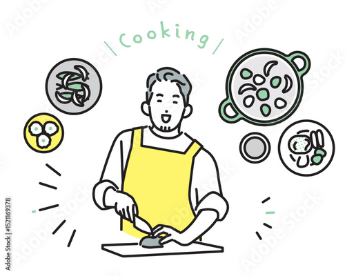 シンプル　イラスト　笑顔で料理をする男性 人物