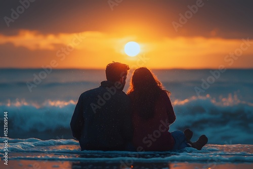 A couple cuddles by the seaside, watching the sunset as the lingering glow of the sun paints a romantic outline around them with specks of light