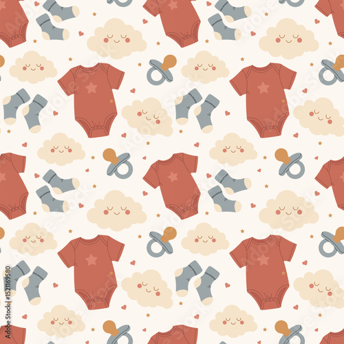 Seamless baby pattern with clouds, bodysuits, pacifiers and socks. Soft pastel design for kids, baby shower, nursery, wrapping paper and baby clothes.