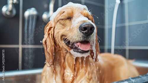 Golden Retriever Dog In A Grooming Salon Is Taking A Shower Generative Ai