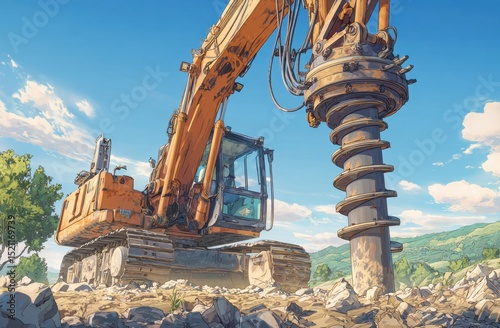 Construction equipment digging ground under blue sky