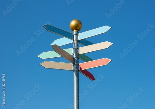 Signpost shows directions against a cloudless sky, useful for navigation, tourism