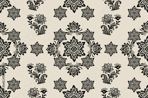 Ethnic abstract ikat floral patterns background.Antique Damask tribal embroidery with Aztec style.Geometric flower folklore ornaments.Indian or other Asian-inspired.Design for carpet, wallpaper, cloth