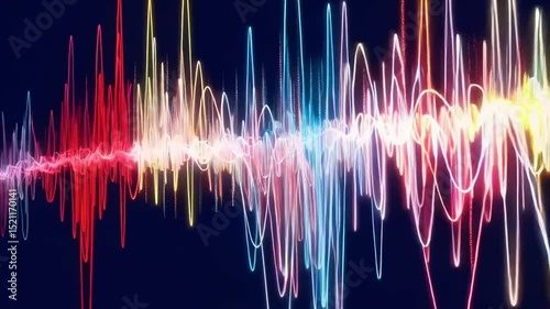 Colorful sound wave visualization representing audio frequencies with a dark background