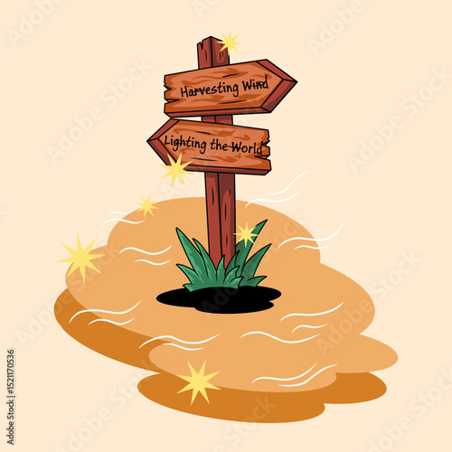 illustration of a wooden signpost standing firm in a barren, windy landscape with wild grass.Perfect for projects related to wind power, renewable energy, environmental conservation, green technology.