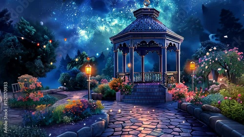 Enchanting gazebo in a digital painting, with night-blooming flowers and stars overhead, illuminated by moonlight. Private retreats