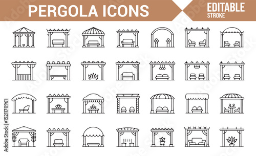 Set of Icons Representing Pergola Structures for Landscape and Architecture