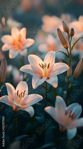 A field of lilies, with the flowers gently swaying in the breeze