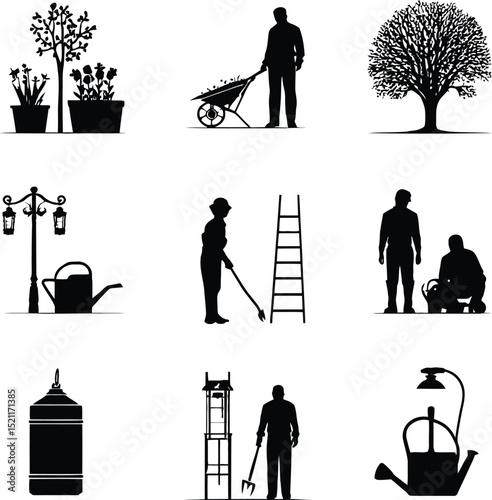 Comprehensive Set of Gardening and Outdoor Silhouettes: Potted Plants, Gardener with Wheelbarrow, Tree, Lantern, Watering Can, Worker with Ladder, and Various Garden Tools